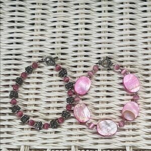 silver and pink beaded bracelet set